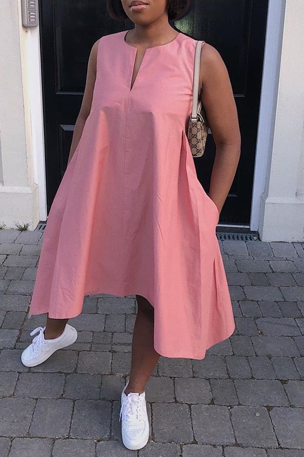 V-neck Appliqued 3/4 Sleeves Asymmetrical Dress Dusty Rose