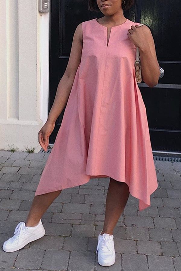 V-neck Appliqued 3/4 Sleeves Asymmetrical Dress Fuchsia
