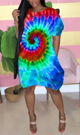 Street Short Sleeves O neck Lantern skirt Knee-Length Print Tie and dye Dresses