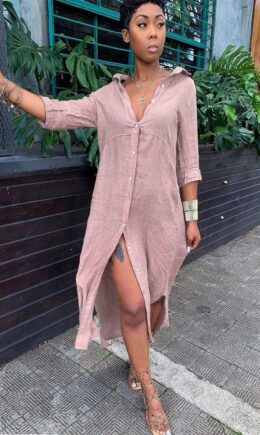 Fashion Casual Solid Turndown Collar Long Sleeve Shirt Dress