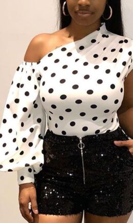 Cotton One Shoulder Collar Long Sleeve Print Tops