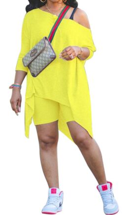 Cotton Sexy Patchwork Solid asymmetrical Straight Short Sleeve Two Pieces