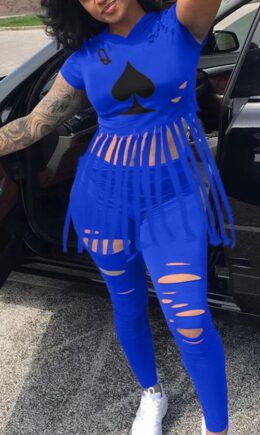Milk Silk Fashion adult Ma'am Street Print Hole tassel Two Piece Suits pencil Short Sleeve Two Pieces