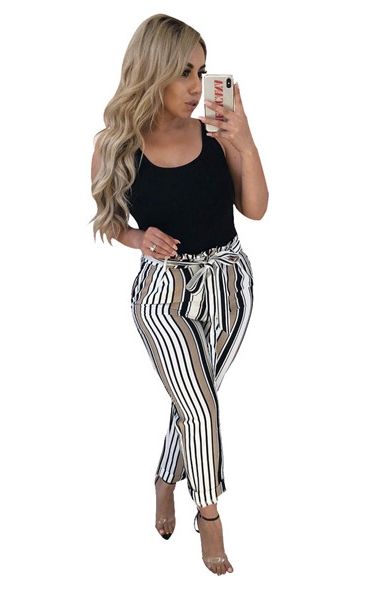 Casual Sashes Striped Flat Straight Midweight Pants