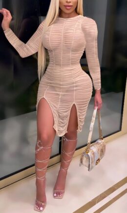 Cream white Sexy Casual 3/4 Length Sleeves O neck Slim Dress Knee-Length Print Draped split Dresses