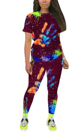 Polyester Fashion adult Ma'am Street Print scrawl Two Piece Suits pencil Short Sleeve Two Pieces