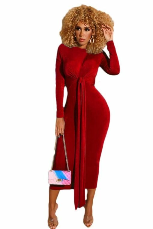 Polyester OL adult Fashion Cap Sleeve Long Sleeves O neck Step Skirt Mid-Calf bandage Solid