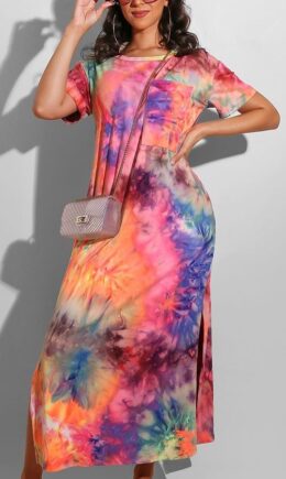 Polyester Europe and America Short Sleeves O neck Pencil Dress Ankle-Length Print Tie and dye Dresses