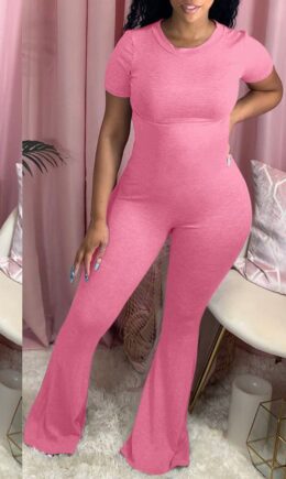 Sexy Patchwork Solid Cotton Short Sleeve O Neck Jumpsuits