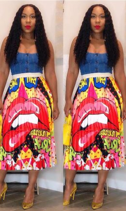 Polyester Elastic Fly Sleeveless Mid Print Draped Striped Patchwork Gradient Letter Pleated skirt Pa