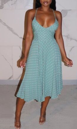 Polyester Sexy Spaghetti Strap Sleeveless V Neck Swagger Knee-Length Polka Dot Dresses