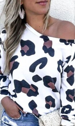 Polyester One Shoulder Collar Long Sleeve Leopard Slim fit Tops