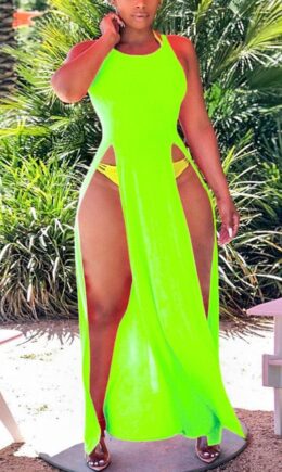 Fluorescent green Polyester Sexy Europe and America Sleeveless O neck Slim Dress Floor-Length split Dresses