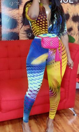 Sexy Print Polyester Short Sleeve V Neck Jumpsuits