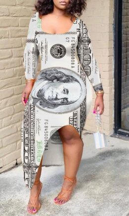 OL Long Sleeves One word collar Asymmetrical Ankle-Length Print Dresses