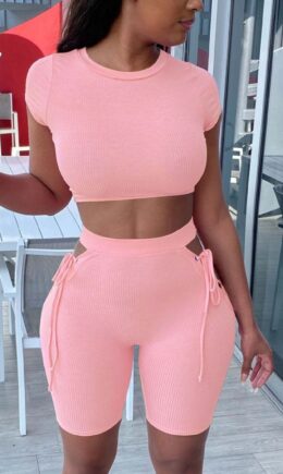 Polyester Fashion Sexy adult Ma'am Solid Two Piece Suits Straight Short Sleeve Two Pieces