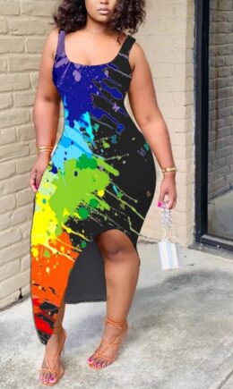 Sexy Casual Sleeveless O neck Asymmetrical Ankle-Length Print asymmetrical Dresses