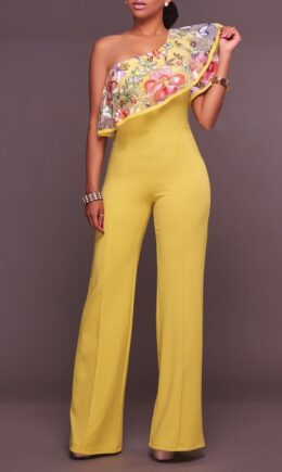 Sexy Embroidery Ruffled nylon Sleeveless Asymmetrical Collar Jumpsuits
