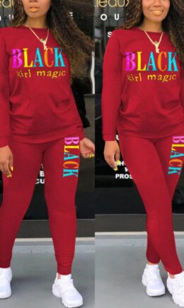 Polyester Fashion Casual adult Ma'am Letter Print Two Piece Suits pencil Long Sleeve Two Pieces