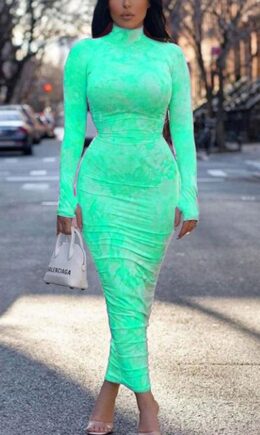 Mint green Polyester OL Long Sleeves Turtleneck Hip skirt Ankle-Length Print Draped Dresses