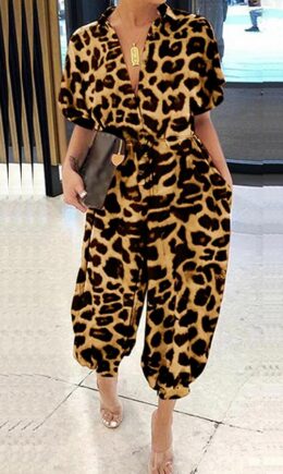 Sexy Leopard grain bandage Cotton Long Sleeve Turndown Collar  Jumpsuits