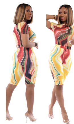 Polyester Casual Patchwork Print Gradient contrast color pencil Short Sleeve Two Pieces