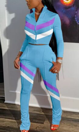 Polyester Fashion Casual adult Ma'am Striped Patchwork Two Piece Suits Straight Long Sleeve Two Pieces