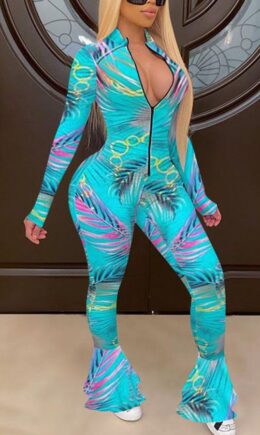Lake Fashion Casual Print zipper Cotton Long Sleeve O Neck Jumpsuits
