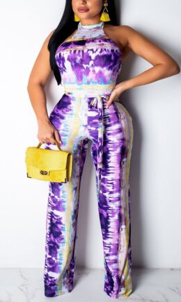 Fashion Sexy Print Tie-dyed Backless Polyester Sleeveless O Neck Jumpsuits