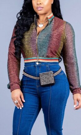 colour zipper Gradient Polyester Pure Long Sleeve Outerwear