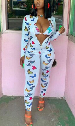 street Print zipper Polyester Long Sleeve V Neck Jumpsuits