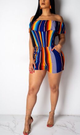 colour Print Striped Ruffled Chemical fiber blend Sleeveless one word collar Jumpsuits