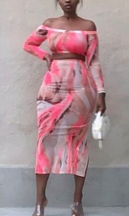 Polyester Fashion Sexy adult Ma'am Print Two Piece Suits Hip skirt Long Sleeve Two Pieces