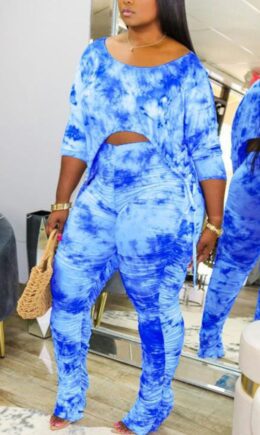 Polyester Fashion Sexy adult Patchwork Print Tie Dye Draped Two Piece Suits Boot Cut Three Quarter Two Pieces