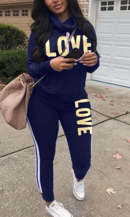 Navy Fashion Print Split Joint O Neck Long Sleeve Two Pieces