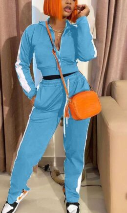 Polyester Active Casual Patchwork Solid Split Zippered pencil Long Sleeve Two Pieces