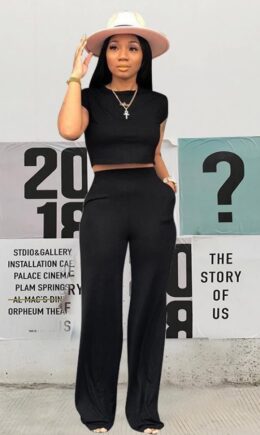 Polyester Casual Fashion Bandage crop top Solid Straight  Two-piece Pants Set