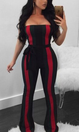 Fashion Sexy Print Striped Patchwork Polyester Sleeveless one word collar Jumpsuits