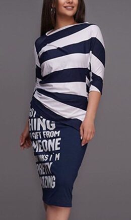 Navy Cotton Fashion Casual adult Ma'am Striped Print Two Piece Suits Straight Half Sleeve Two Pieces