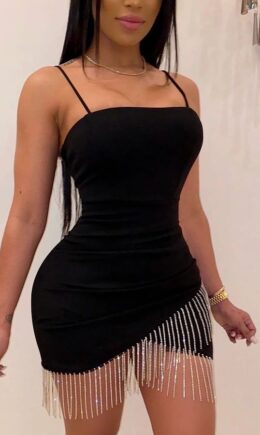 Milk. Fashion adult Europe and America Ma'am Spaghetti Strap Sleeveless One word collar Step Skirt skirt tassel Solid diamonds Dresses