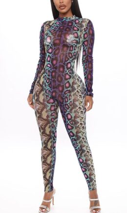 serpentine Sexy Print serpentine Polyester Long Sleeve O Neck Jumpsuits
