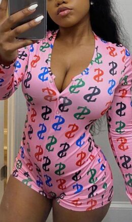 Sexy Print Chemical fiber blend Long Sleeve V Neck Jumpsuits