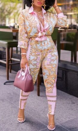 Polyester England Print Two Piece Suits pencil Long Sleeve Two Pieces