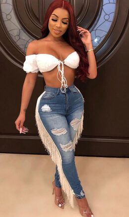 Denim Zipper Fly High Hole Tassel pencil Pants  Pants