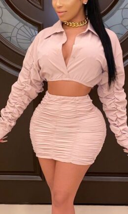 Polyester Fashion Sexy adult Ma'am Solid Draped Two Piece Suits A-line skirt Long Sleeve Two Pieces