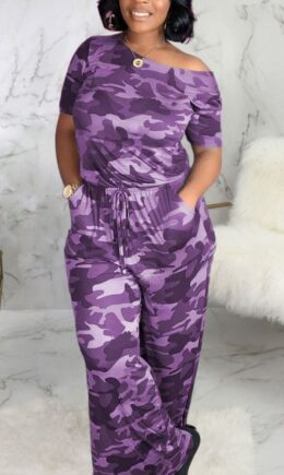 Fashion Sexy Camouflage nylon Short Sleeve one shoulder collar Jumpsuits