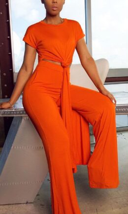 tangerine venetian Casual Solid Two Piece Suits Loose Short Sleeve Two Pieces