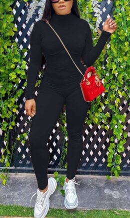 Fashion Casual Solid Cotton Long Sleeve O Neck Jumpsuits