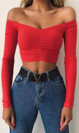Cotton One word collar Long Sleeve Solid Slim fit Patchwork crop top