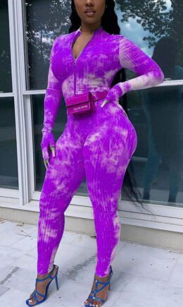 Fashion Sexy Print Tie-dyed Polyester Long Sleeve O Neck Jumpsuits